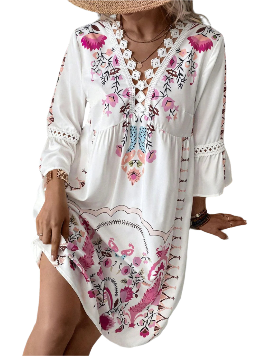 Lace Detail Printed Three-Quarter Sleeve Dress