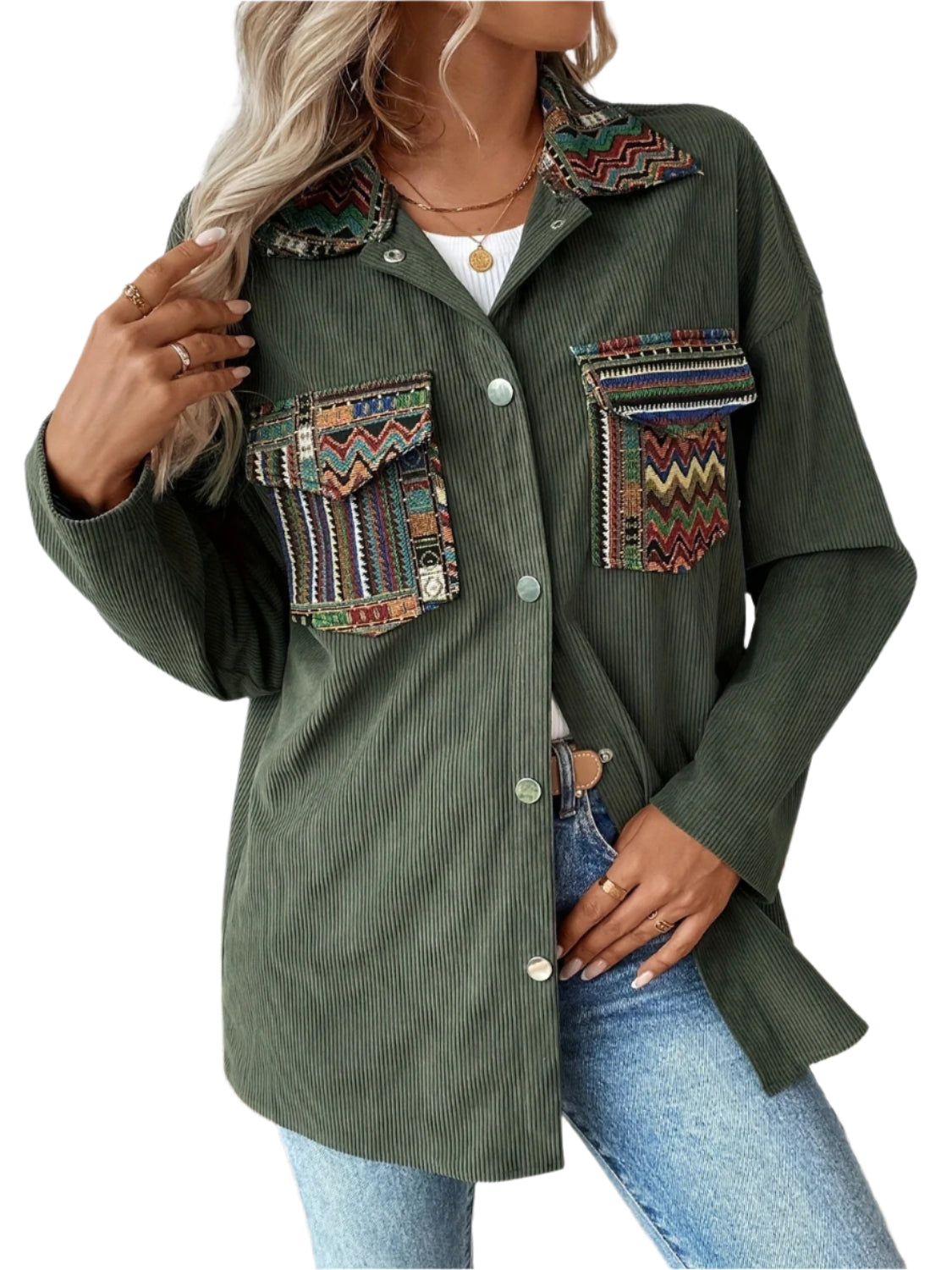 Snap Down Long Sleeve Jacket with Chest Pockets