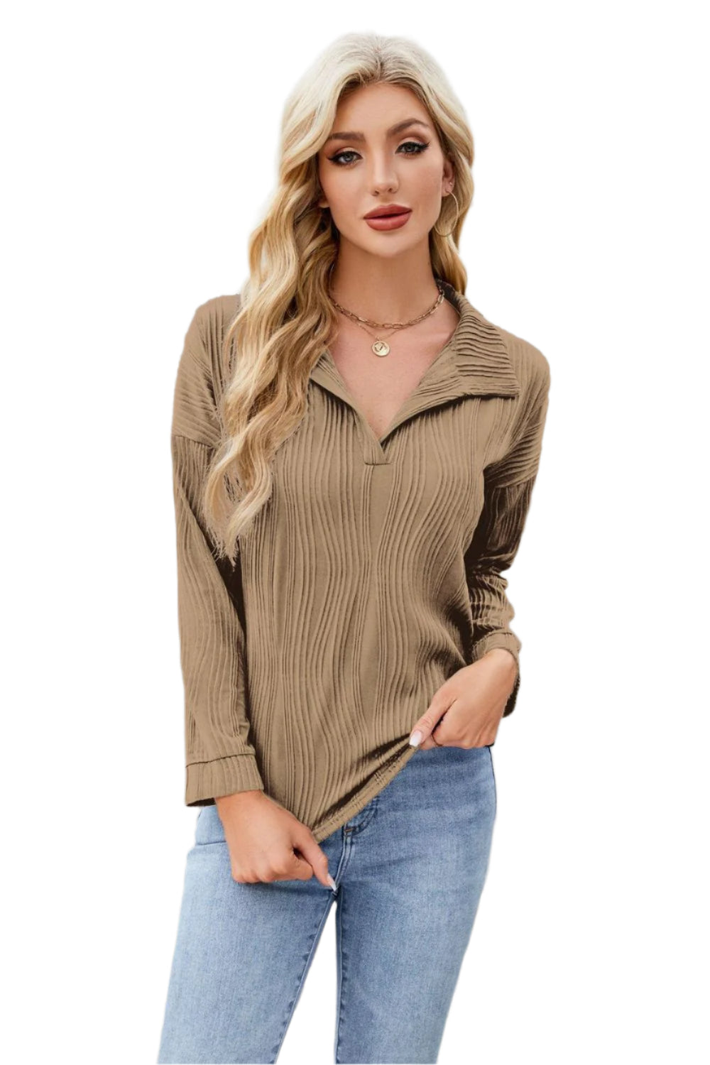 Texture Collared Neck Long Sleeve Blouse