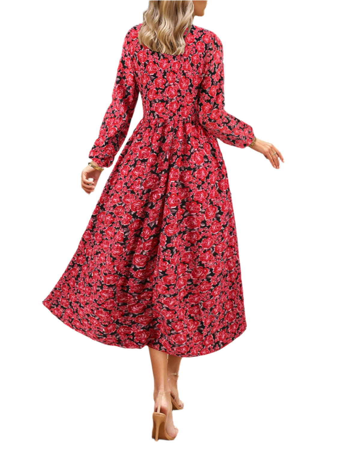 Floral V-Neck Long Sleeve Midi Dress