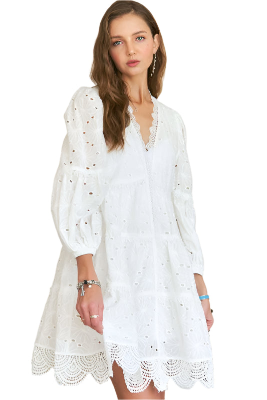 ADORA Lace Detail Tiered Eyelet V-Neck Babydoll Dress