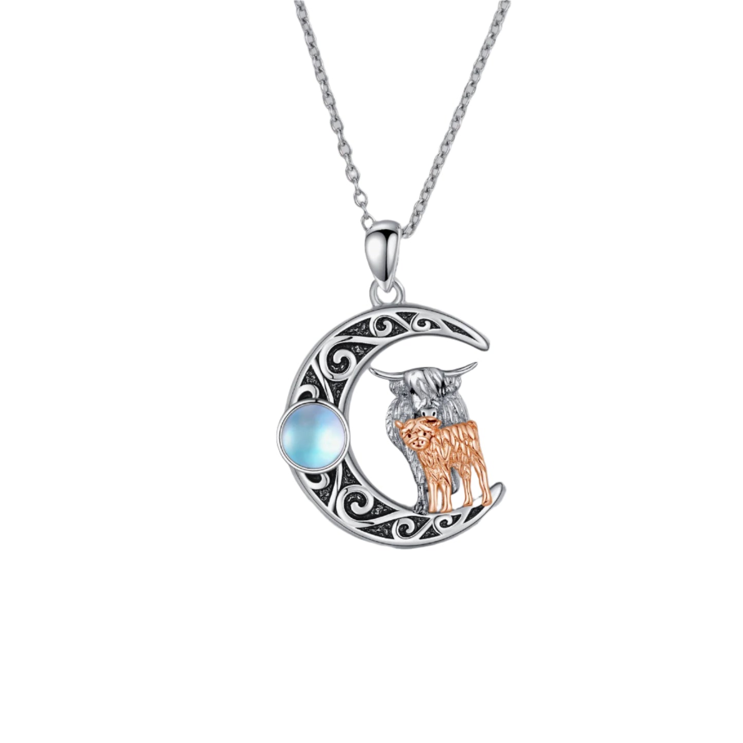 925 Sterling Silver Crescent Moon Highland Cow Moonstone Crystal Necklace