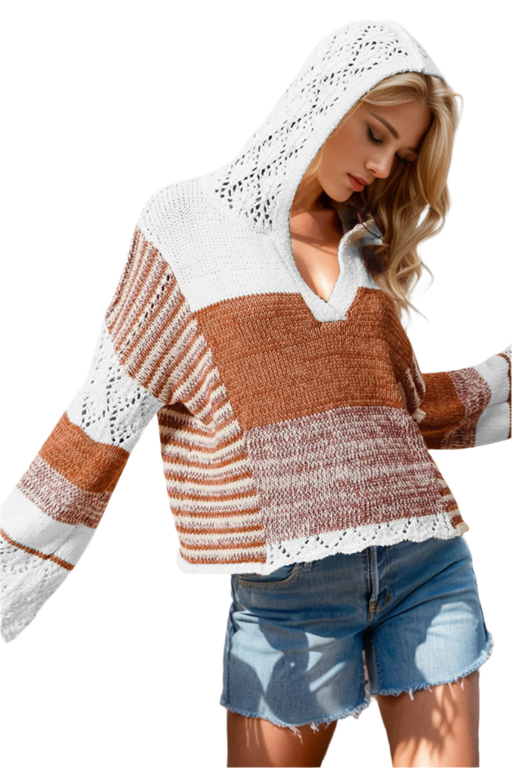 Double Take Full Size Openwork Contrast Long Sleeve Hooded Sweater
