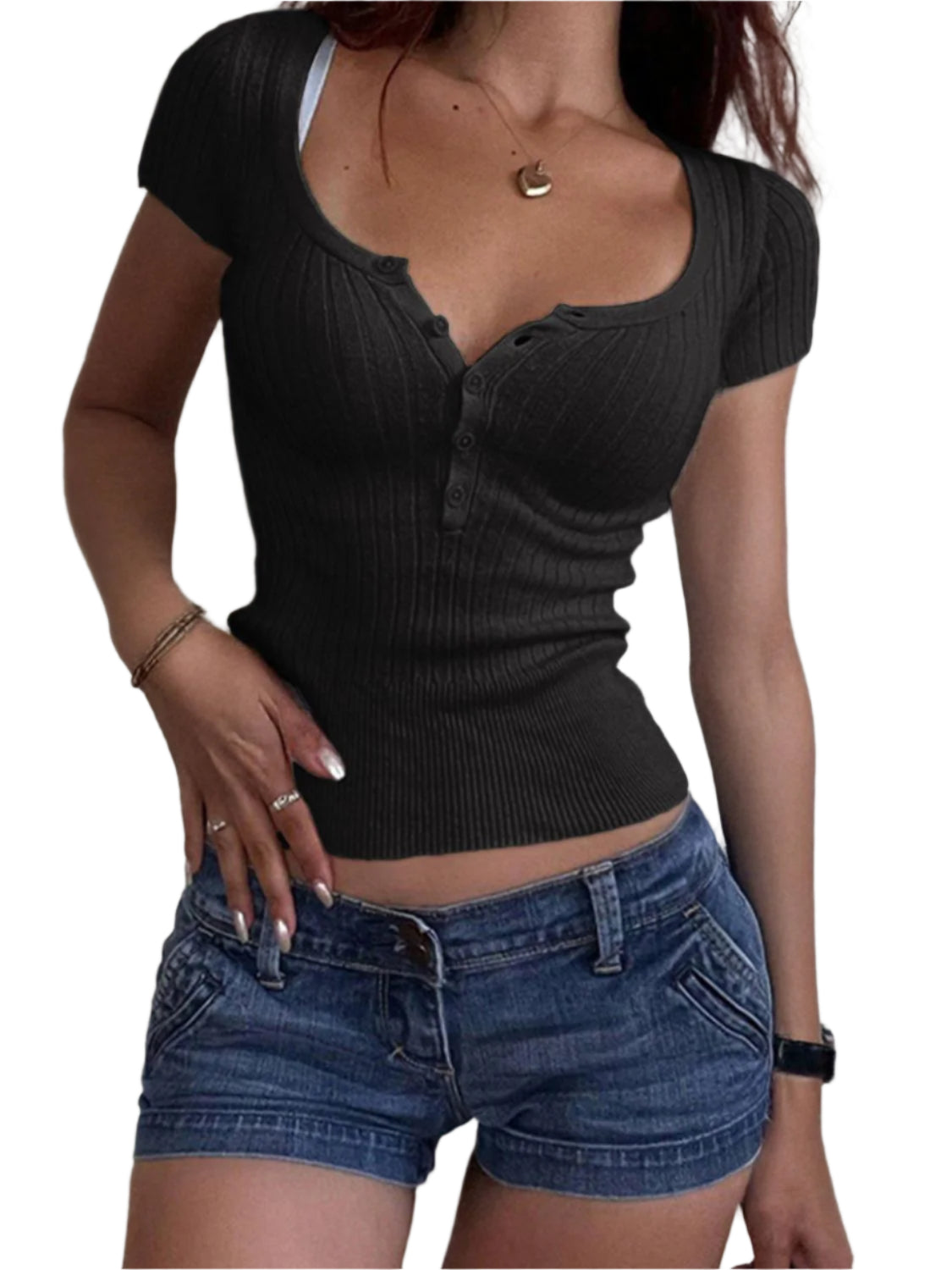 Half Button Scoop Neck Short Sleeve Knit Top