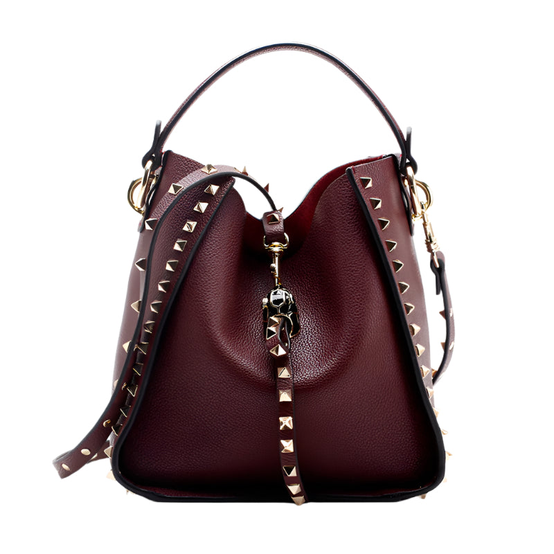 Soft Cowhide Leather Studded Bucket Style Handbag
