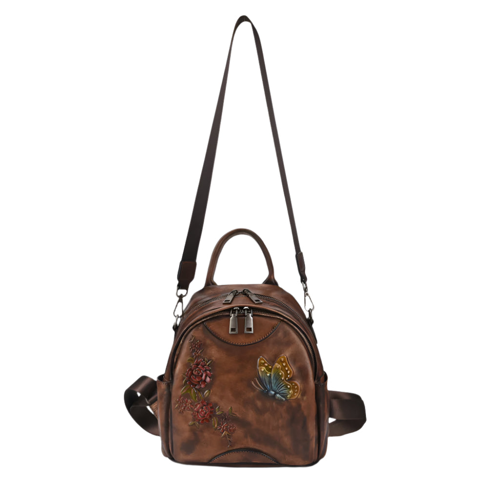 Butterfly and Flowers Cowhide Leather Versatile Handbag