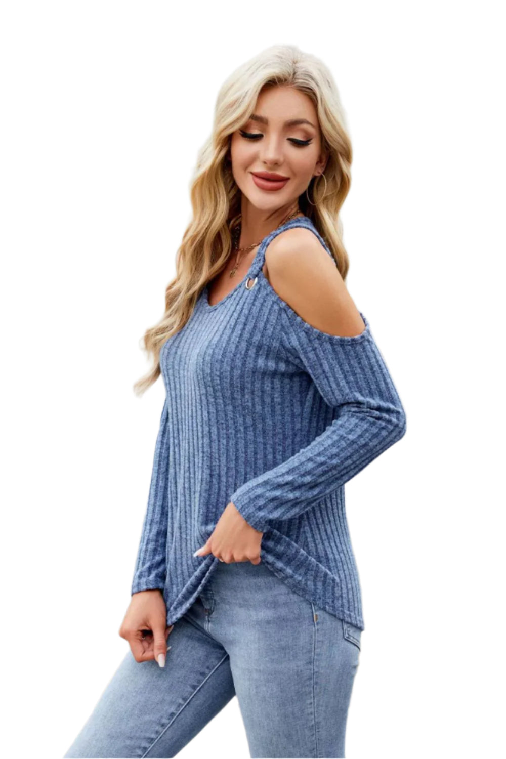 Ribbed Cold Shoulder Long Sleeve Top