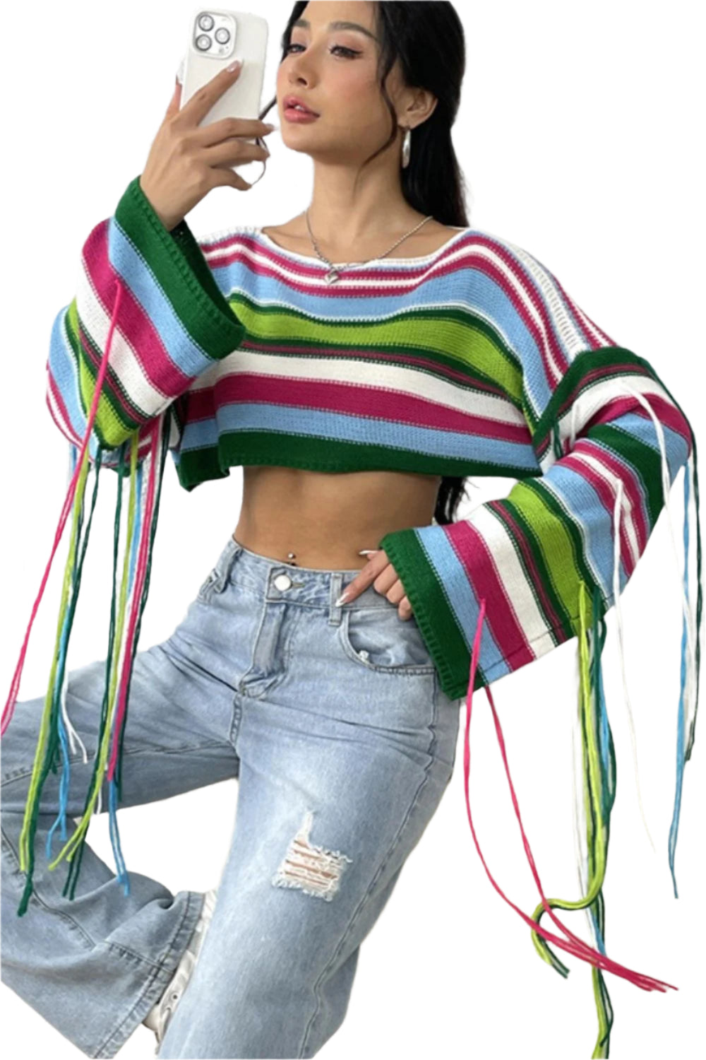 Fringe Striped Round Neck Knit Top
