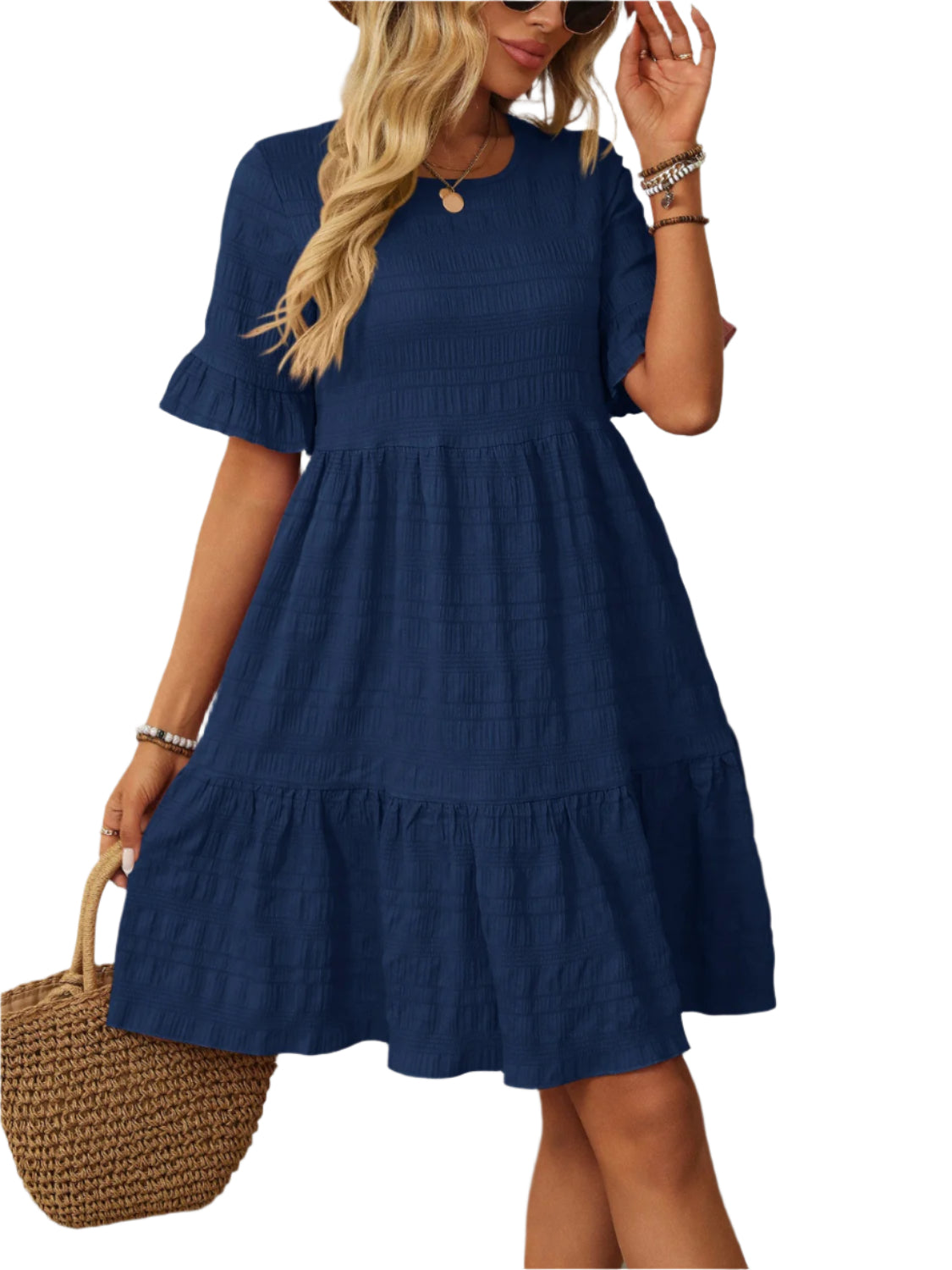 Mandy Ruffled Ruched Round Neck Half Sleeve Dress