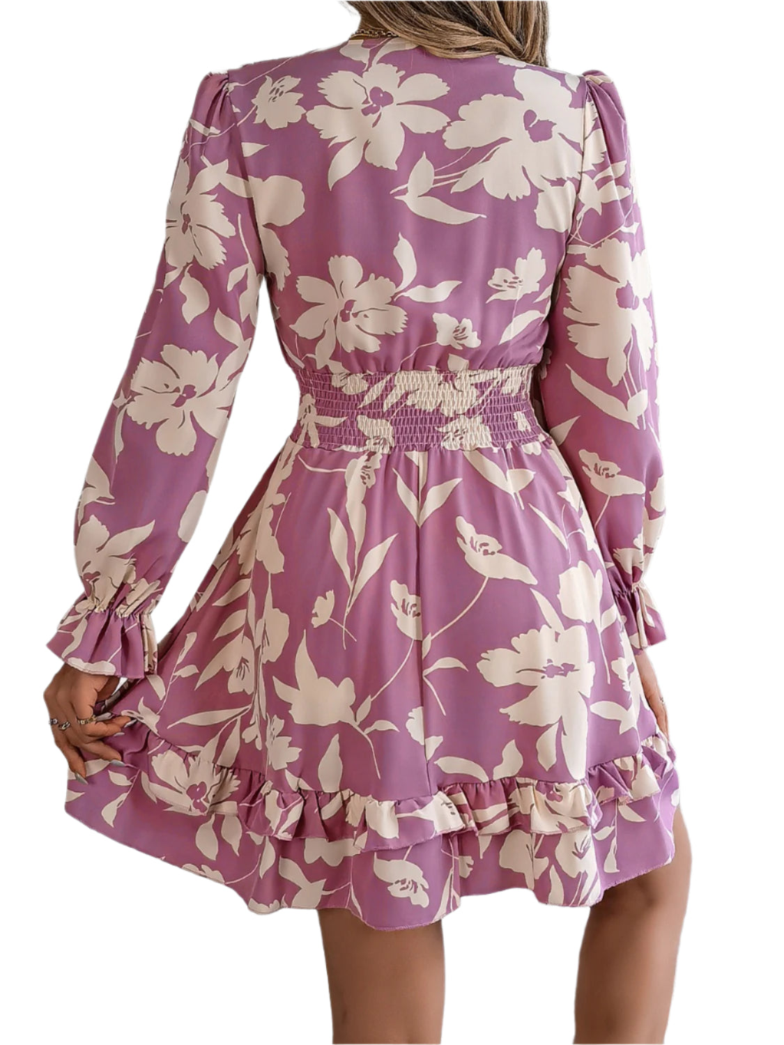 Tied Ruffled Printed Long Sleeve Dress