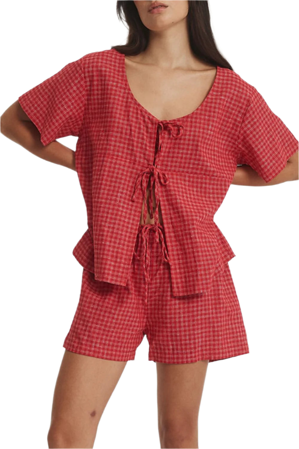 Plaid Tied Scoop Neck Short Sleeve Top and Drawstring Shorts Set