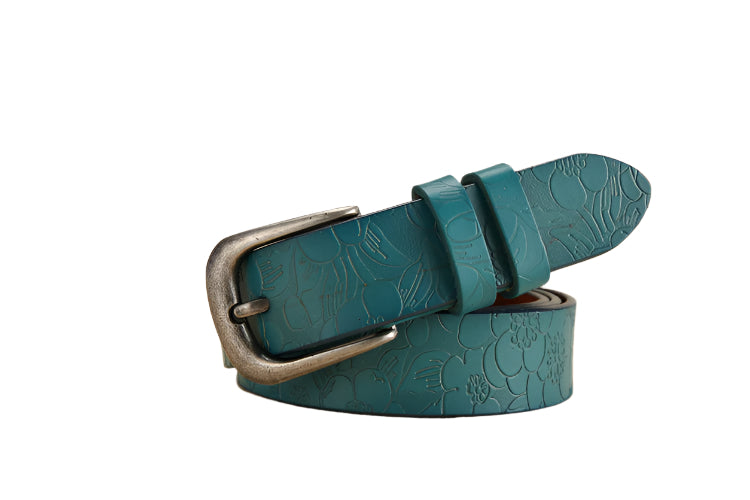 Floral Design Embossed Cowhide Leather Belt