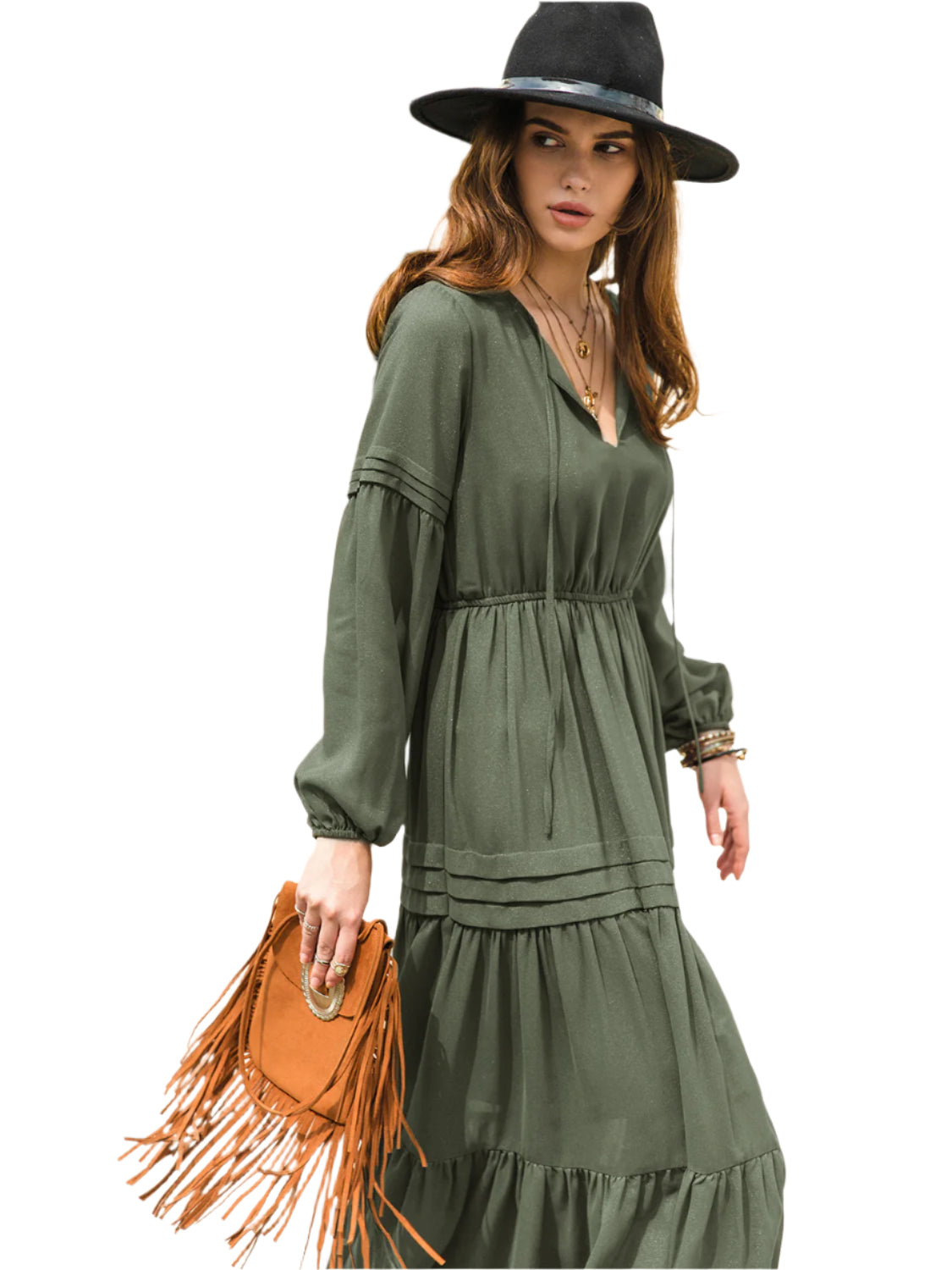 Tie Neck Long Sleeve Midi Tiered Dress