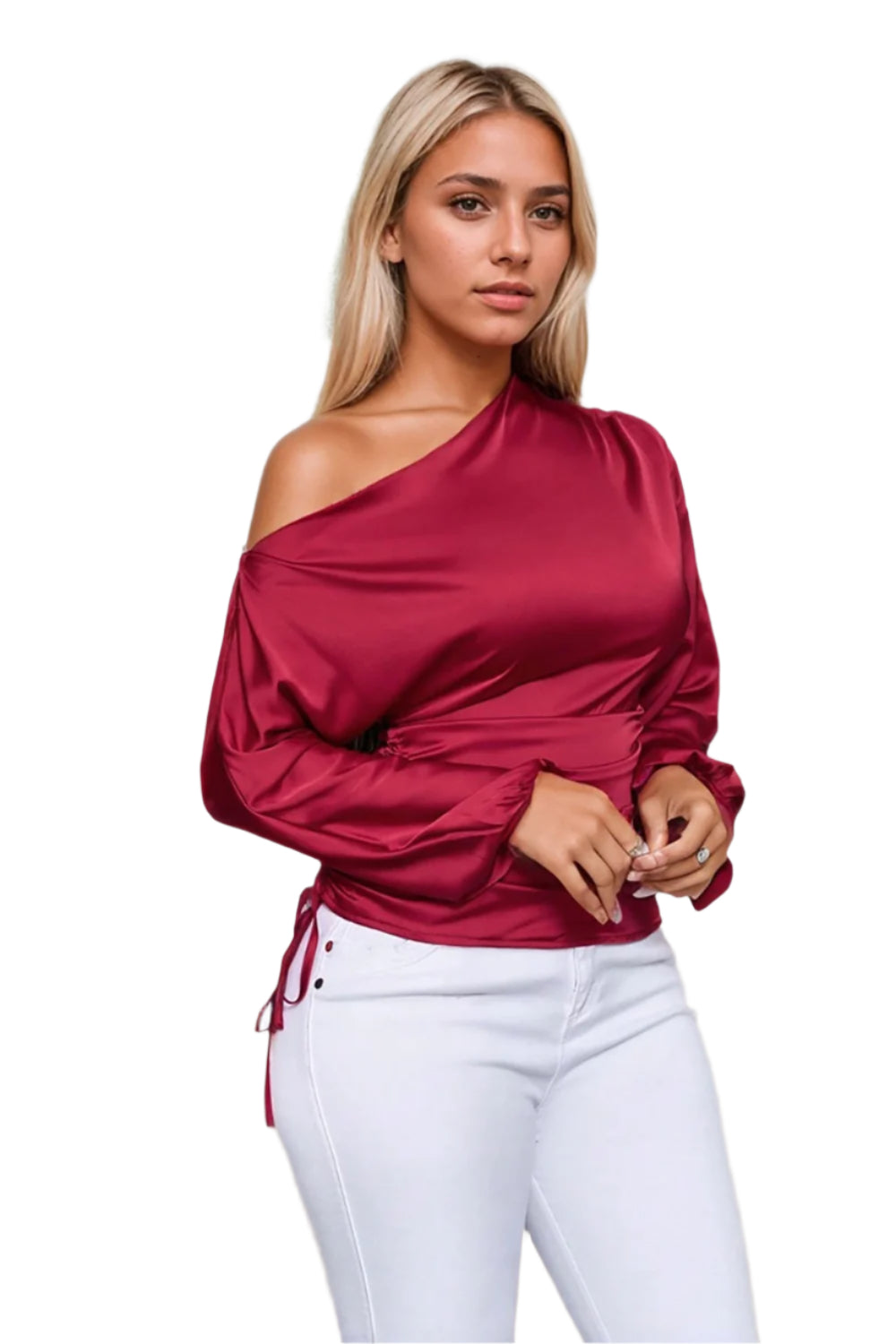 Drawstring One Shoulder Long Sleeve Blouse