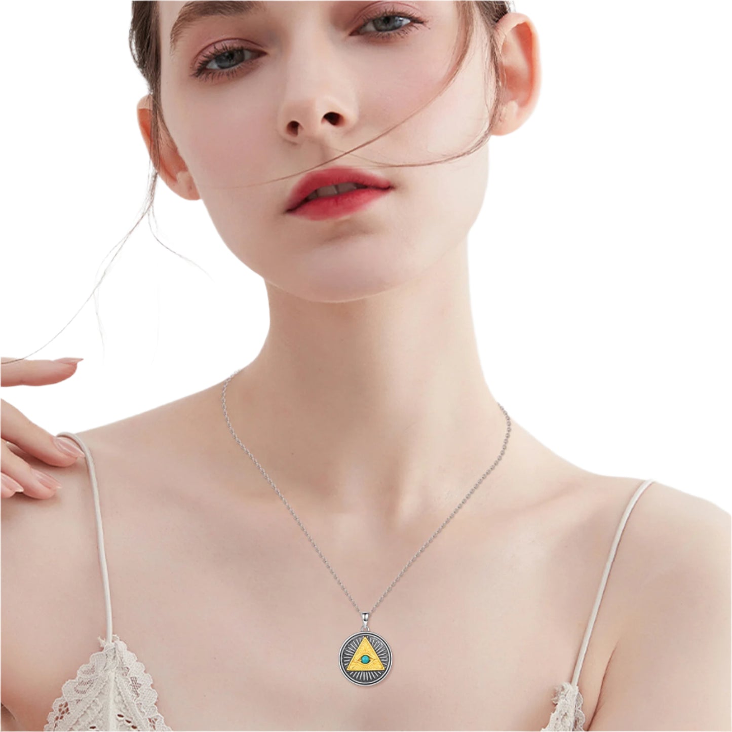 Eye of Providence with Turquoise Crystal Pendant 925 Sterling Silver Necklace