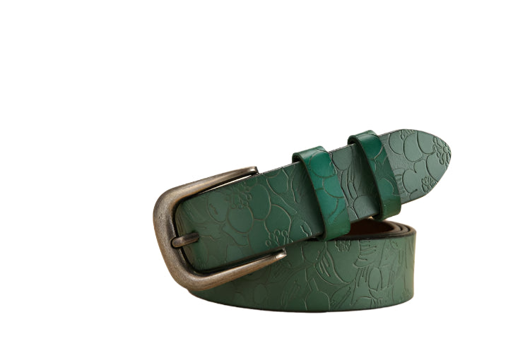 Floral Design Embossed Cowhide Leather Belt