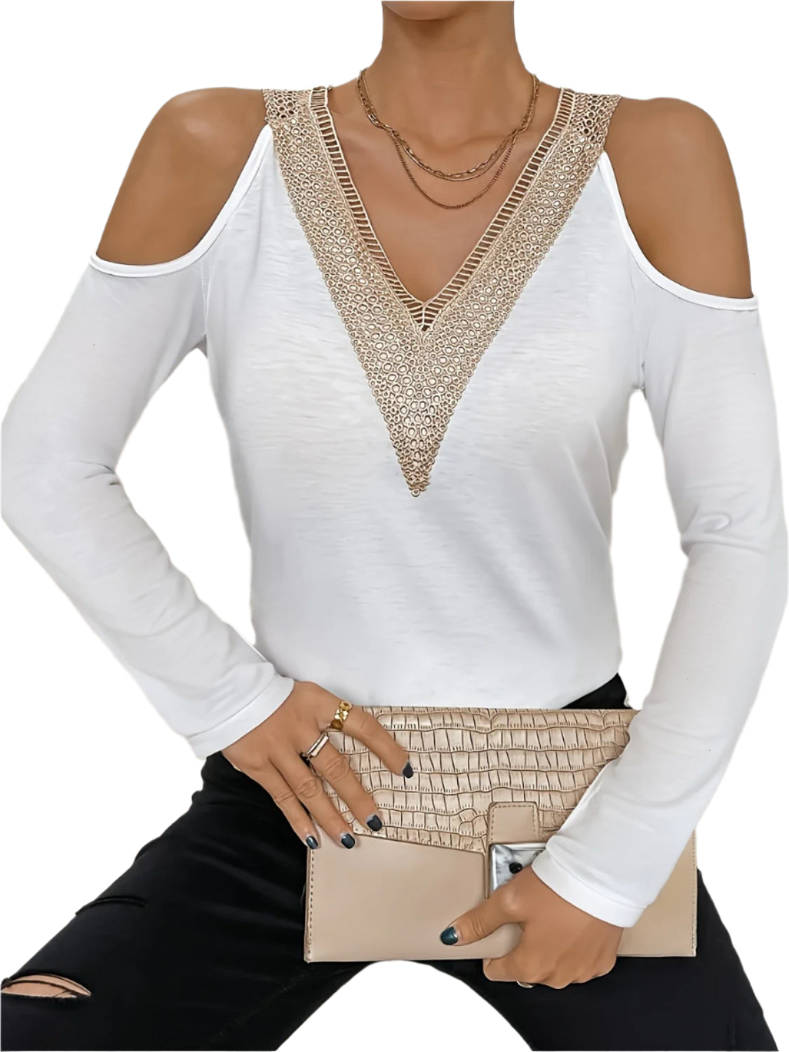 V-Neck Cold Shoulder Long Sleeve T-Shirt