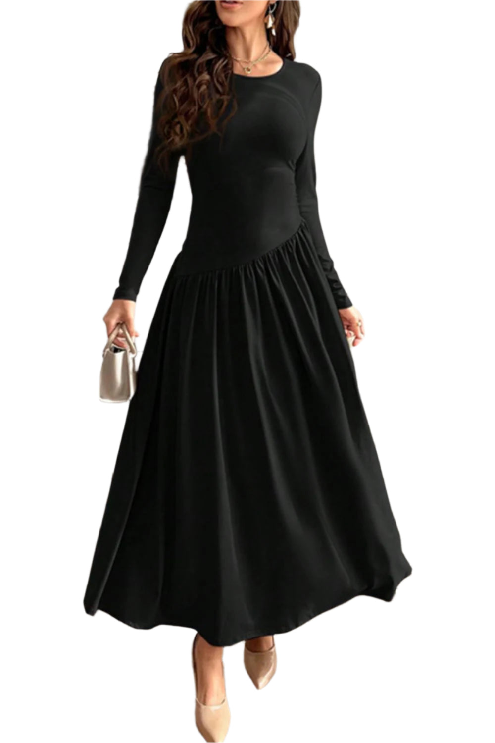 Ruched Round Neck Long Sleeve Dress