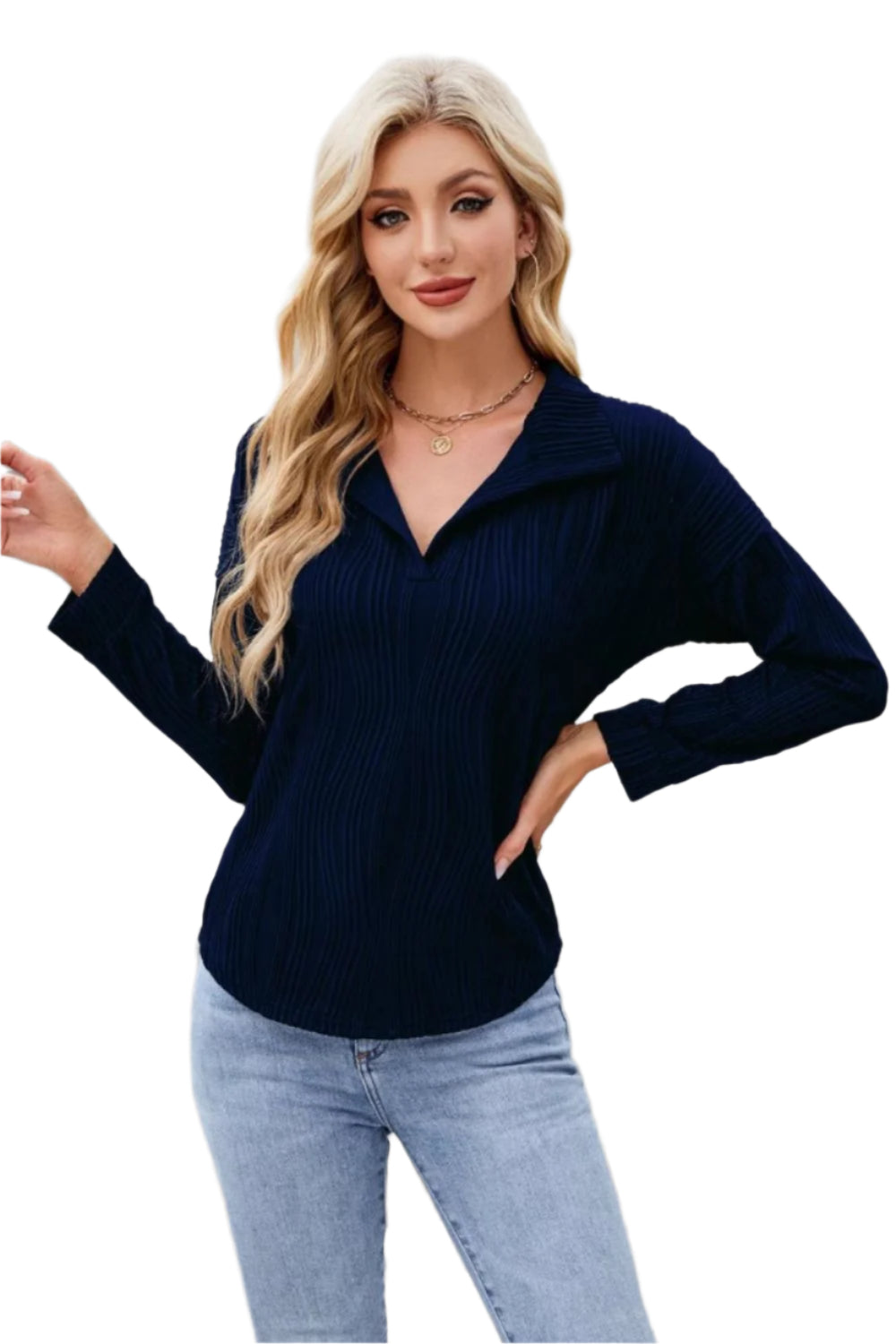 Texture Collared Neck Long Sleeve Blouse