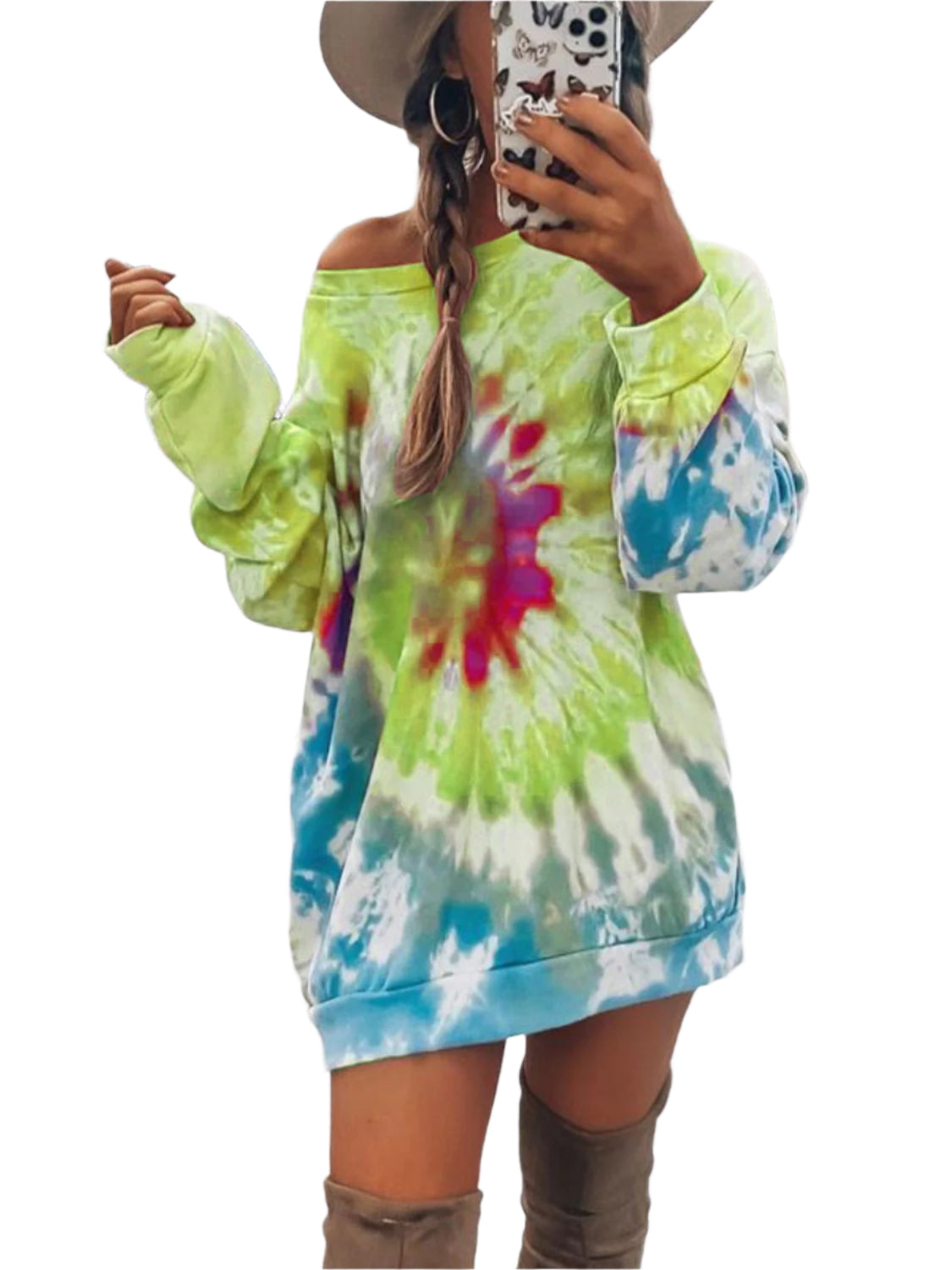 Full Size Tie-Dye Round Neck Long Sleeve Dress