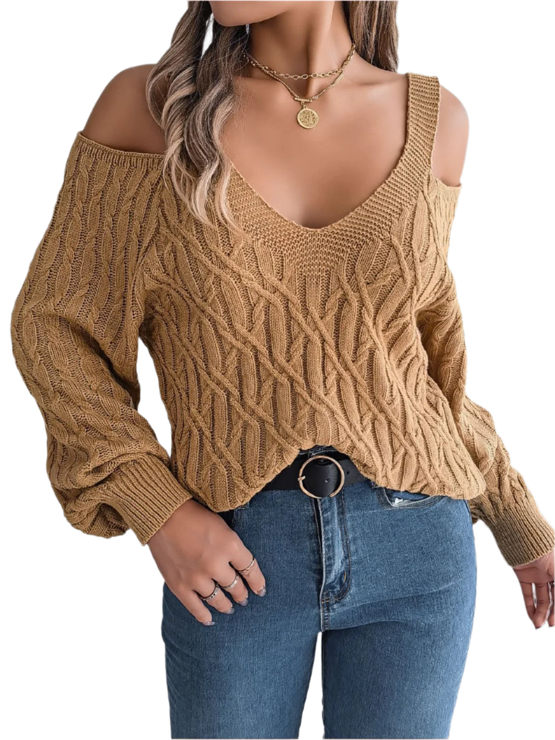 Cable-Knit Cold Shoulder Long Sleeve Sweater