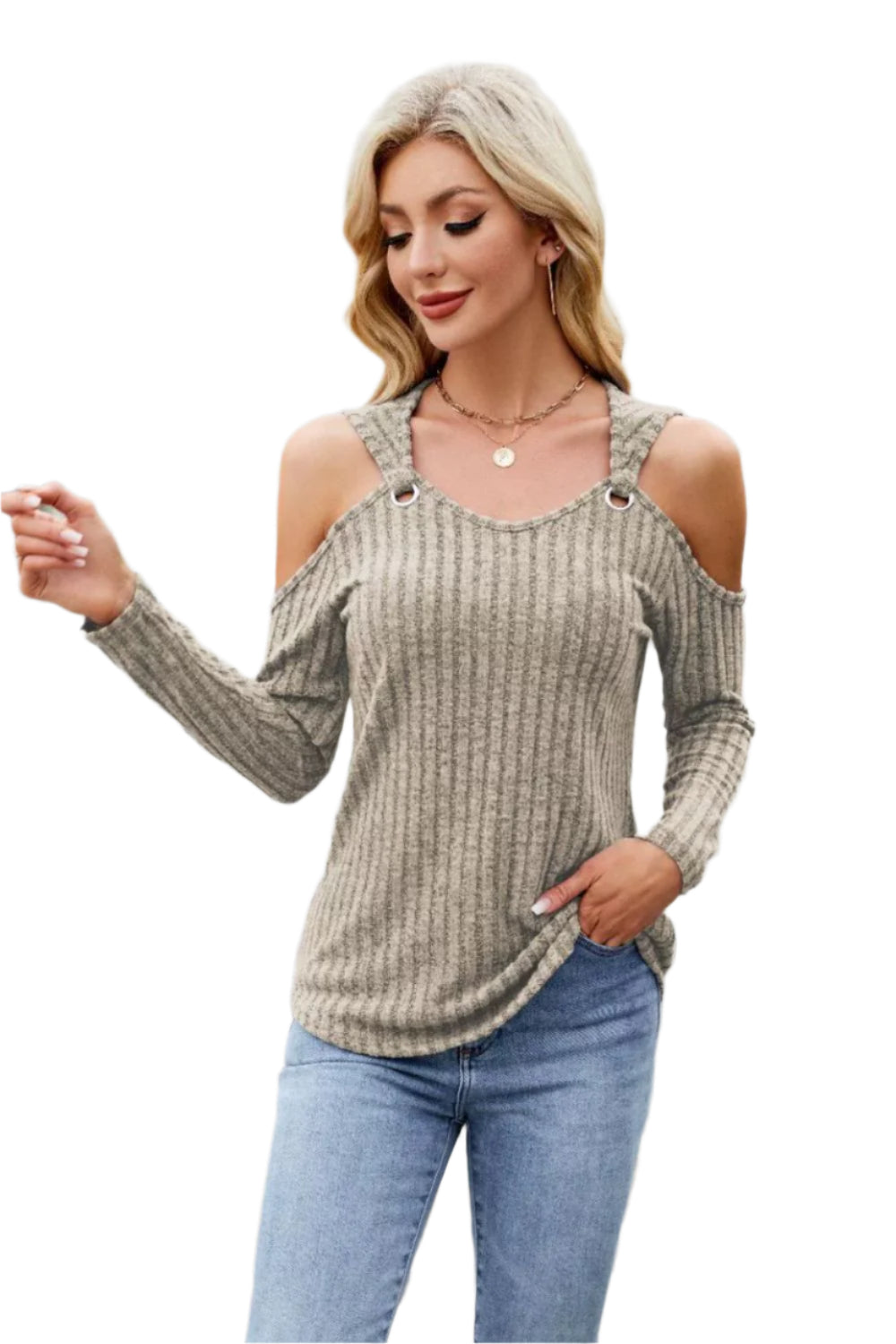 Ribbed Cold Shoulder Long Sleeve Top