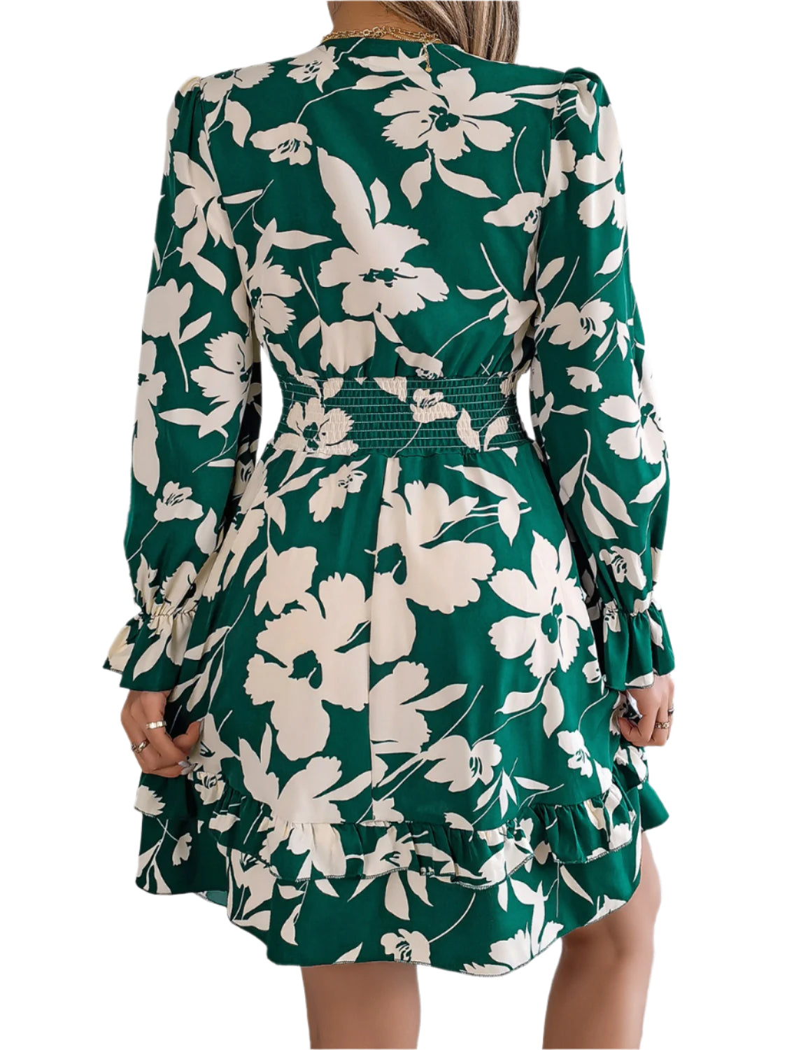 Tied Ruffled Printed Long Sleeve Dress