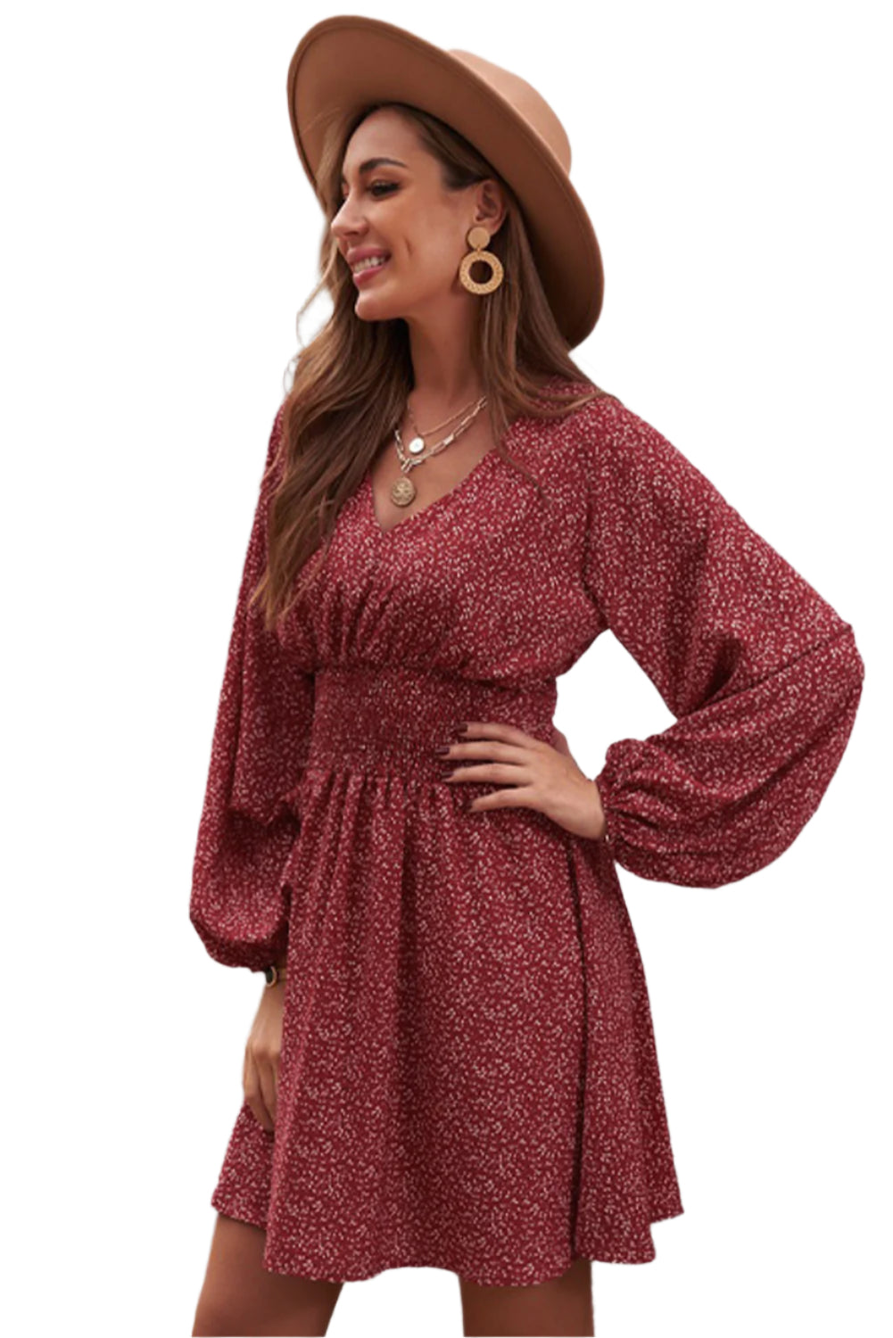 Smocked V-Neck Balloon Sleeve Dress