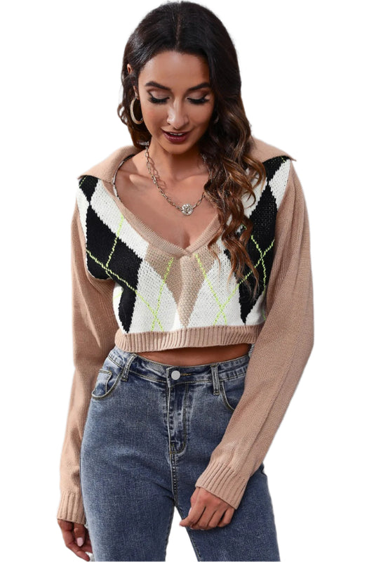 Geometric Long Sleeve Cropped Sweater