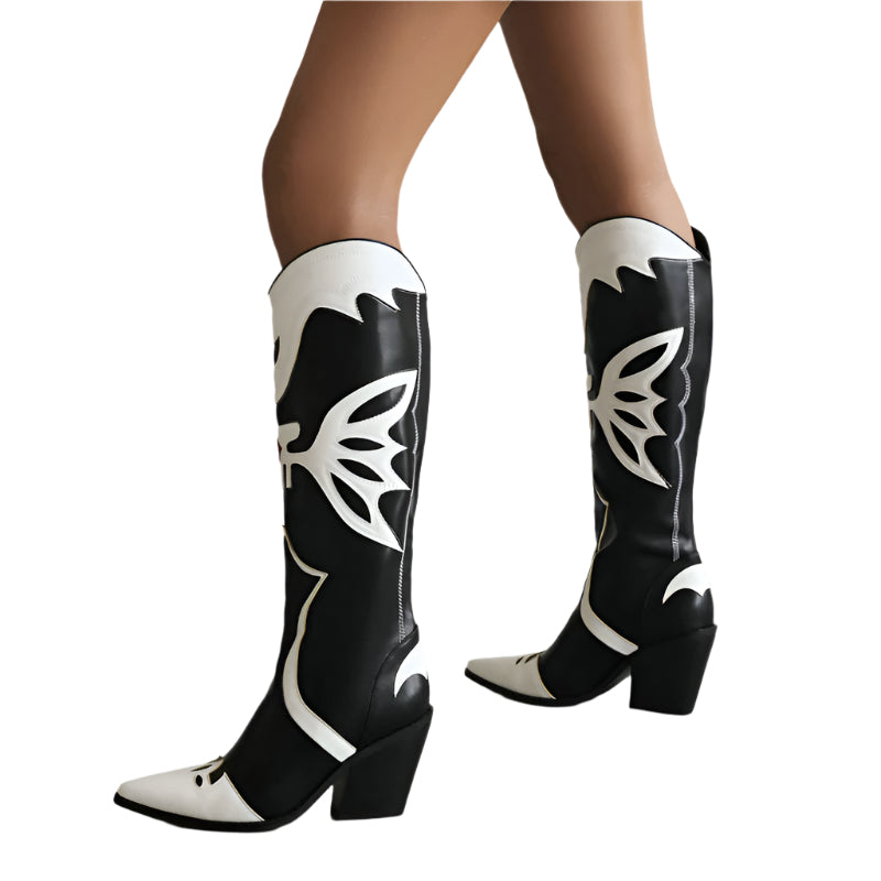 Black and White PU Leather Cowboy Boots