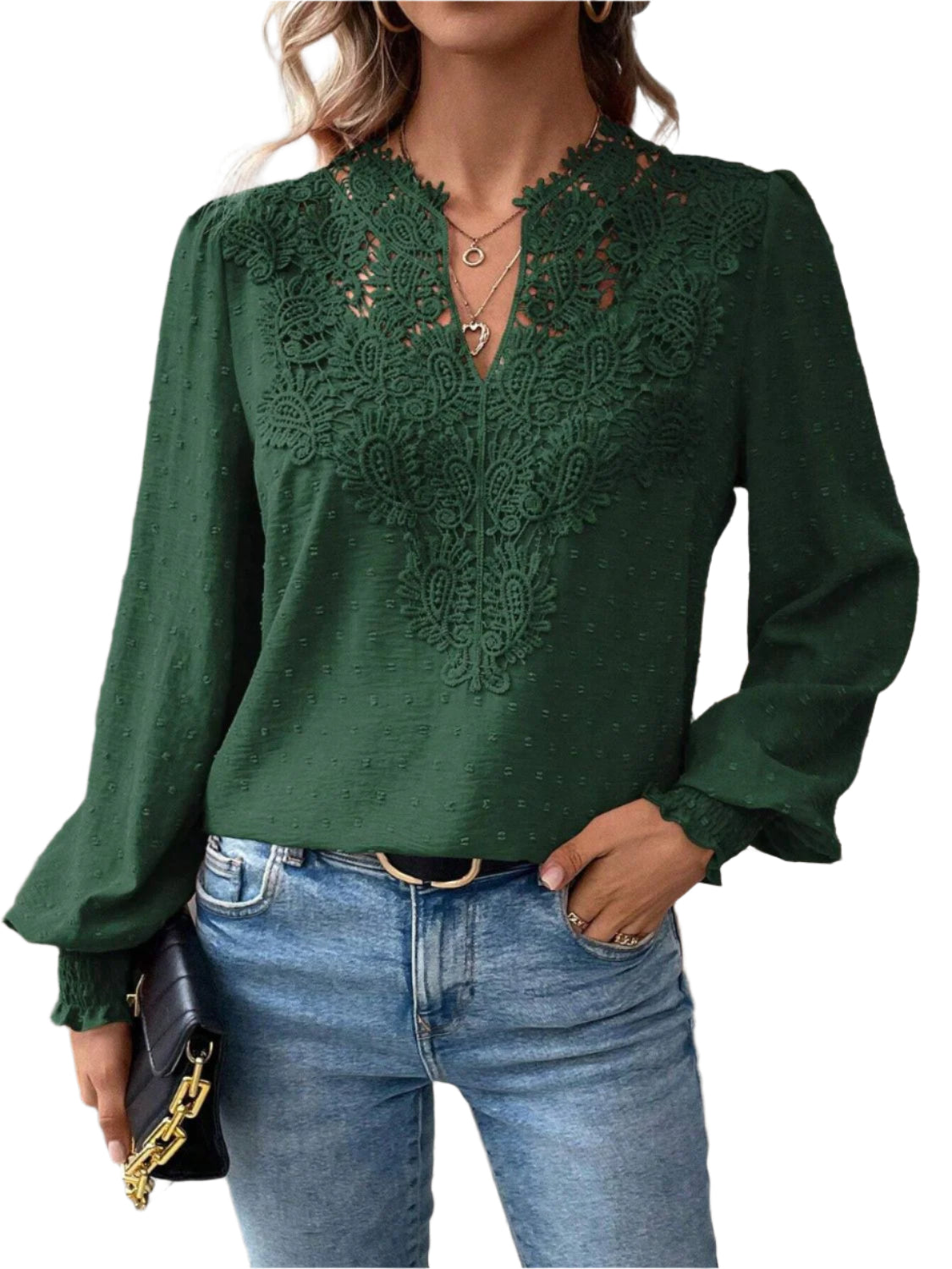 Swiss Dot Lace Detail Notched Long Sleeve Blouse