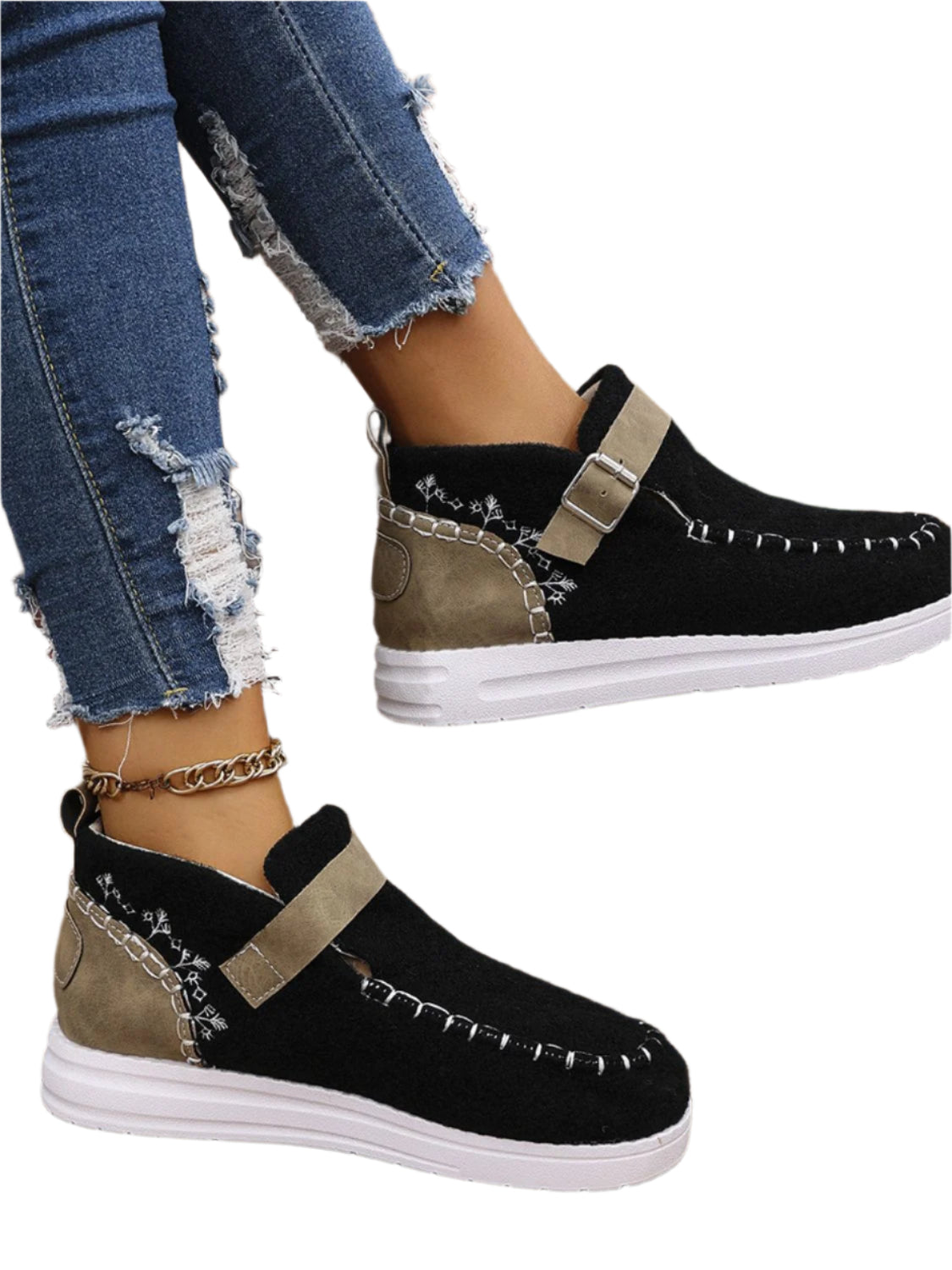 Contrast Round Toe Buckle Sneakers