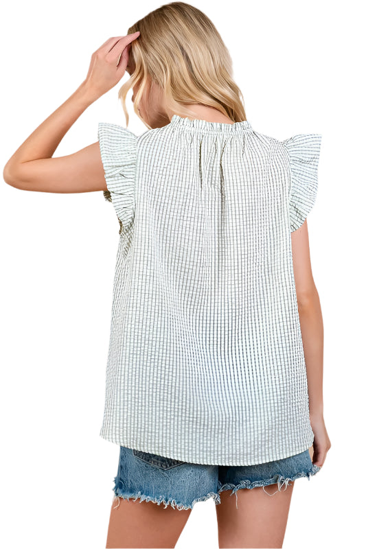 Ces Femme Plaid Notched Ruffled Cap Sleeve Blouse