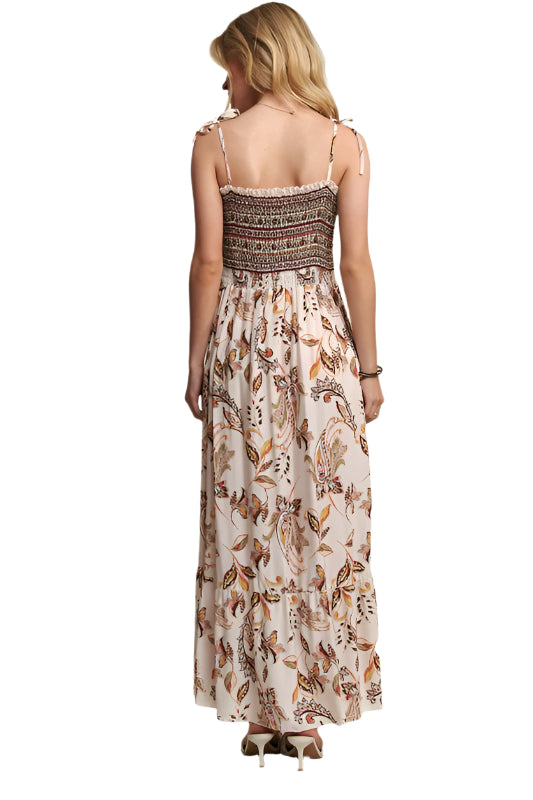 ADORA Smocked Printed Square Neck Tie Shoulder Cami Dress