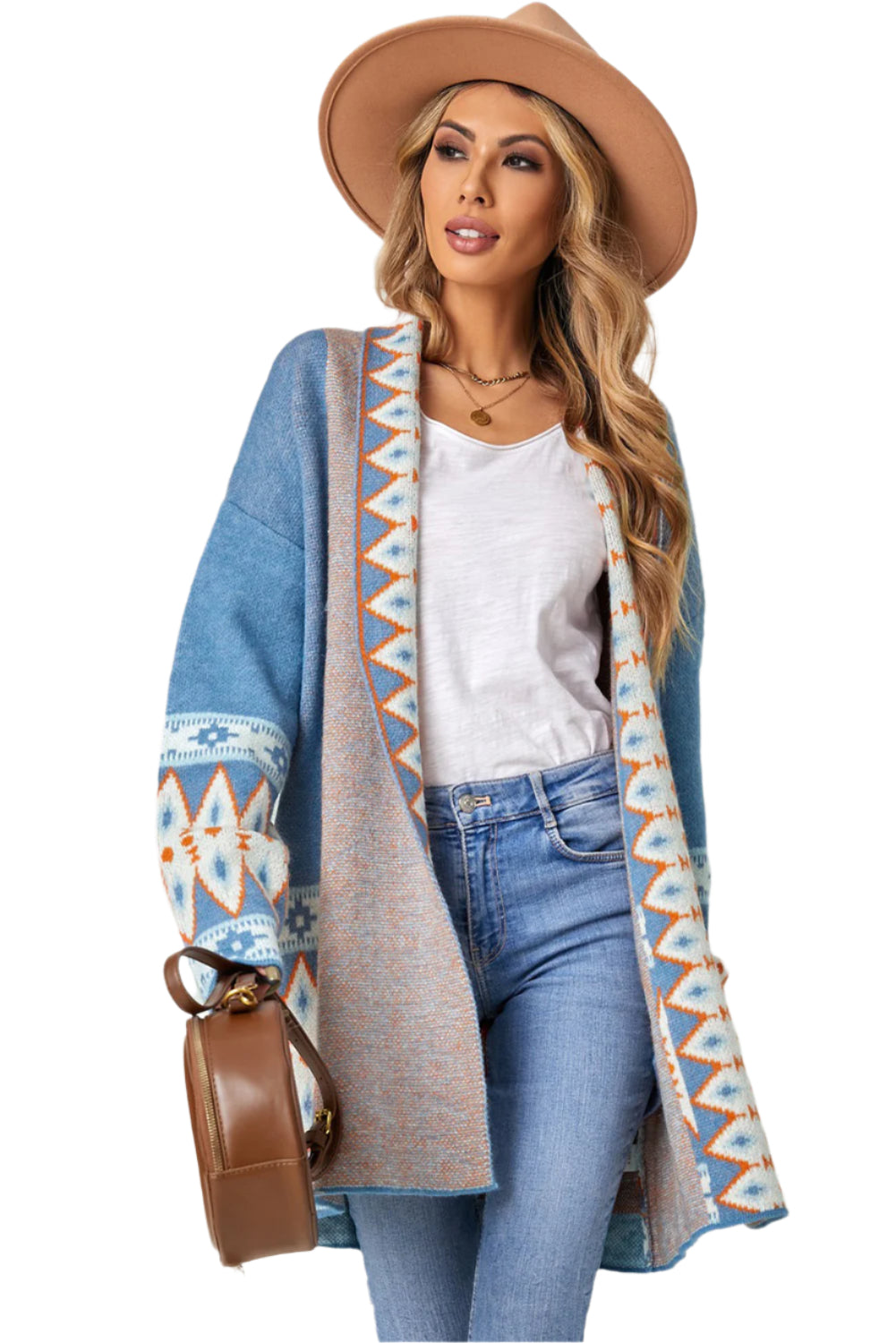 Geometric Open Front Long Sleeve Cardigan