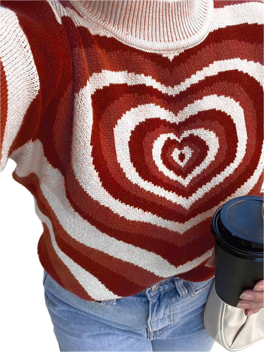 Heart Mock Neck Long Sleeve Sweater