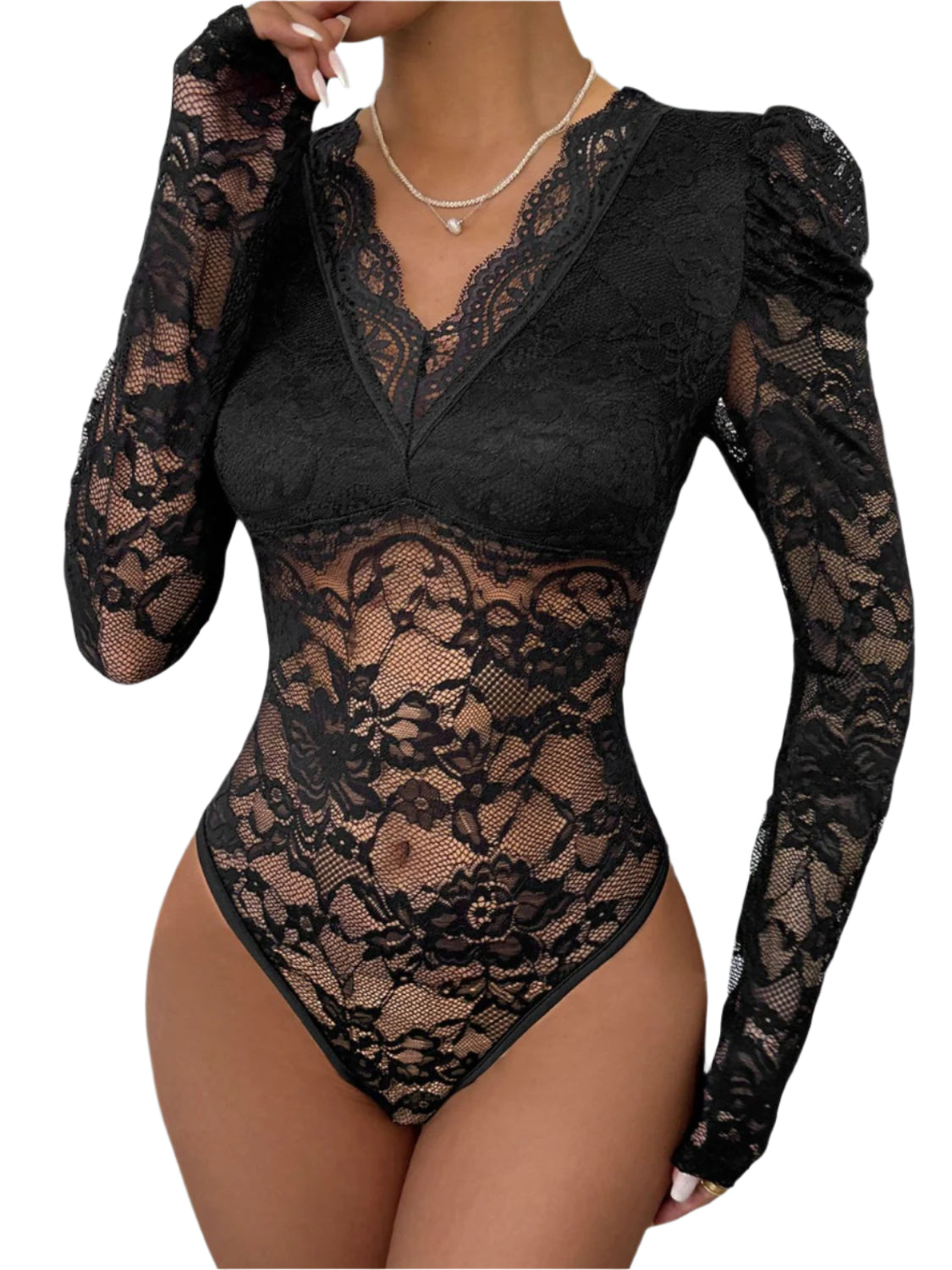 Perfee Lace V-Neck Long Sleeve Bodysuit