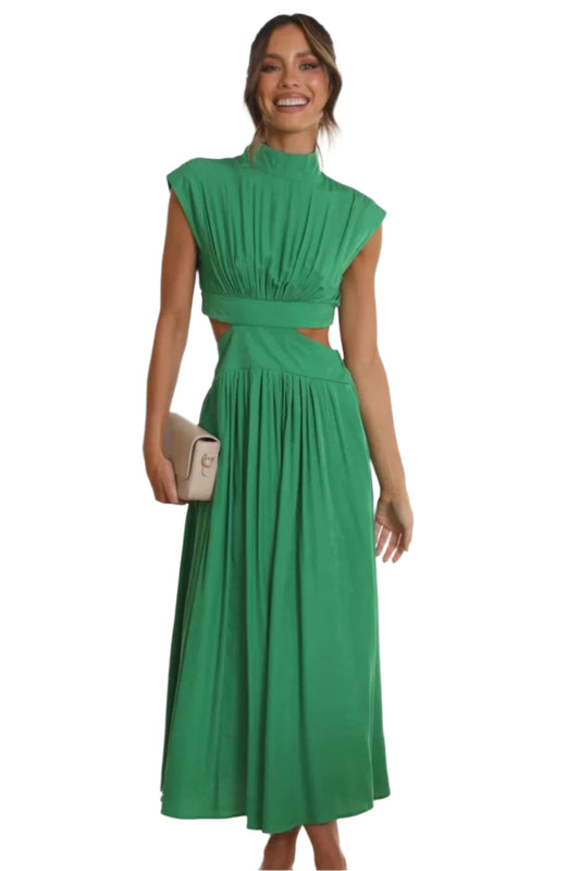 Cutout Mock Neck Sleeveless Ruched Dress