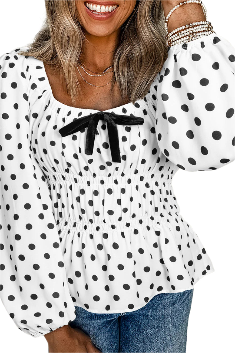 Bow Polka Dot Square Neck Long Sleeve Blouse
