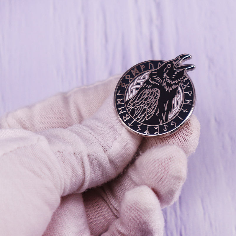 Norse Elder Futhark Runes Raven Brooch Pin
