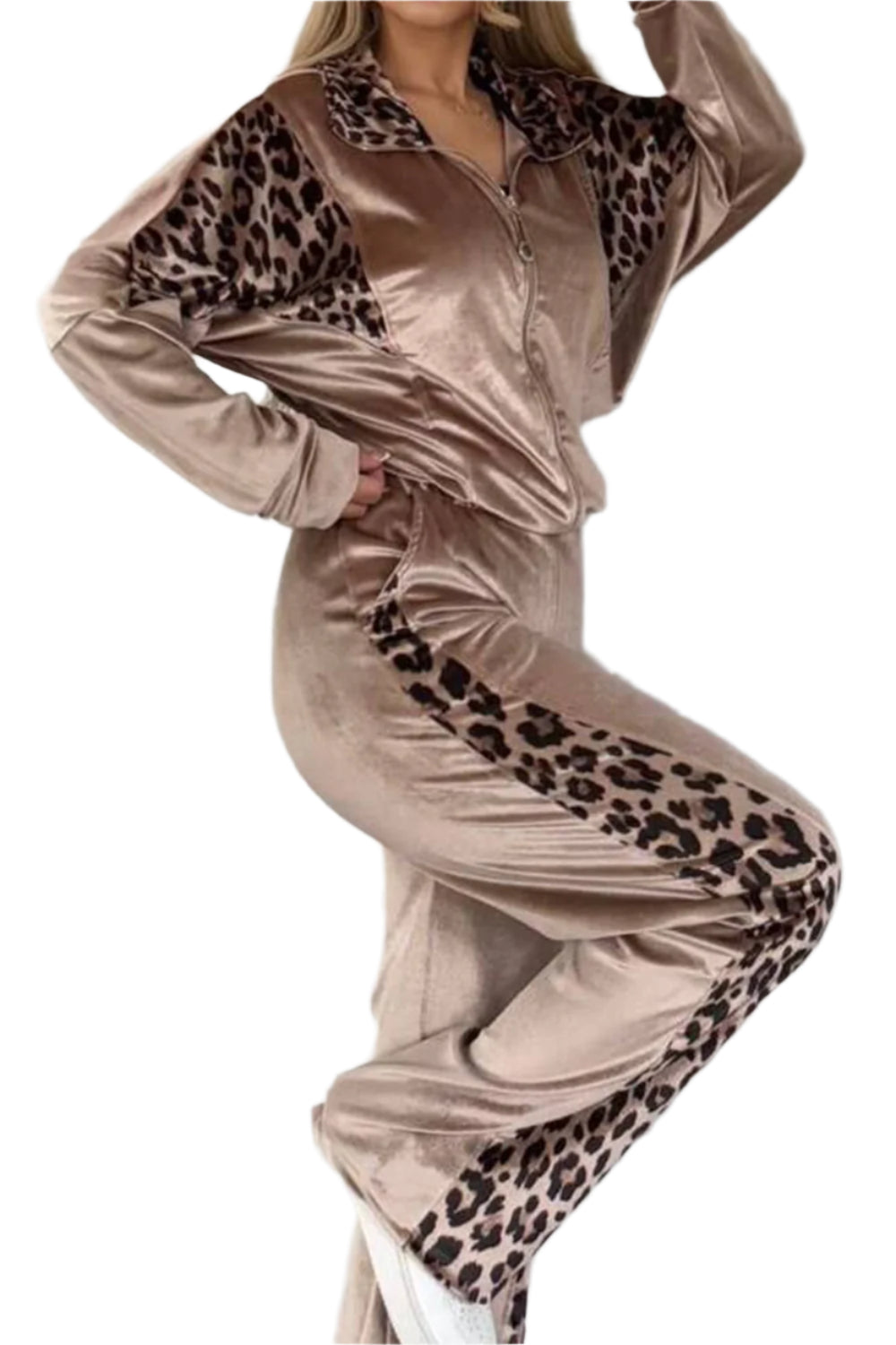 Full Size Collared Neck Leopard Zip Up Top and Pants Set Plus Size