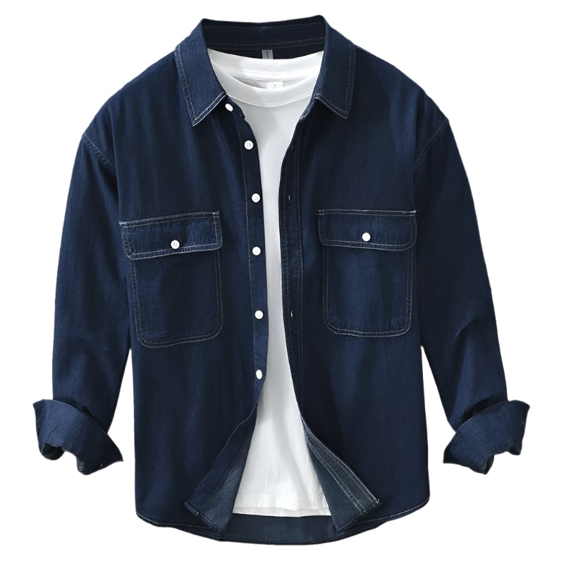 Men's Denim Long Sleeve Loose Button Down Collard Shirt