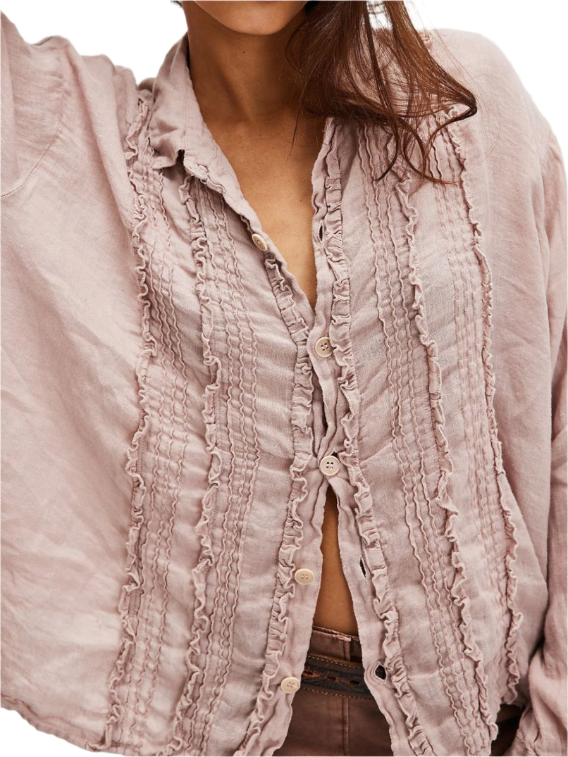 Frill Ruched Collared Neck Long Sleeve Shirt