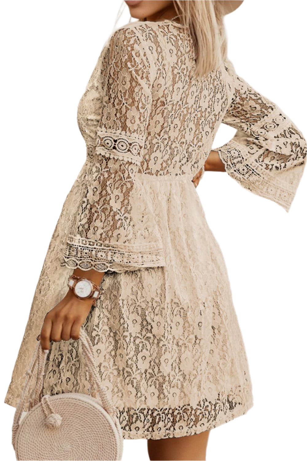 Lace V-Neck Three-Quarter Sleeve Dress