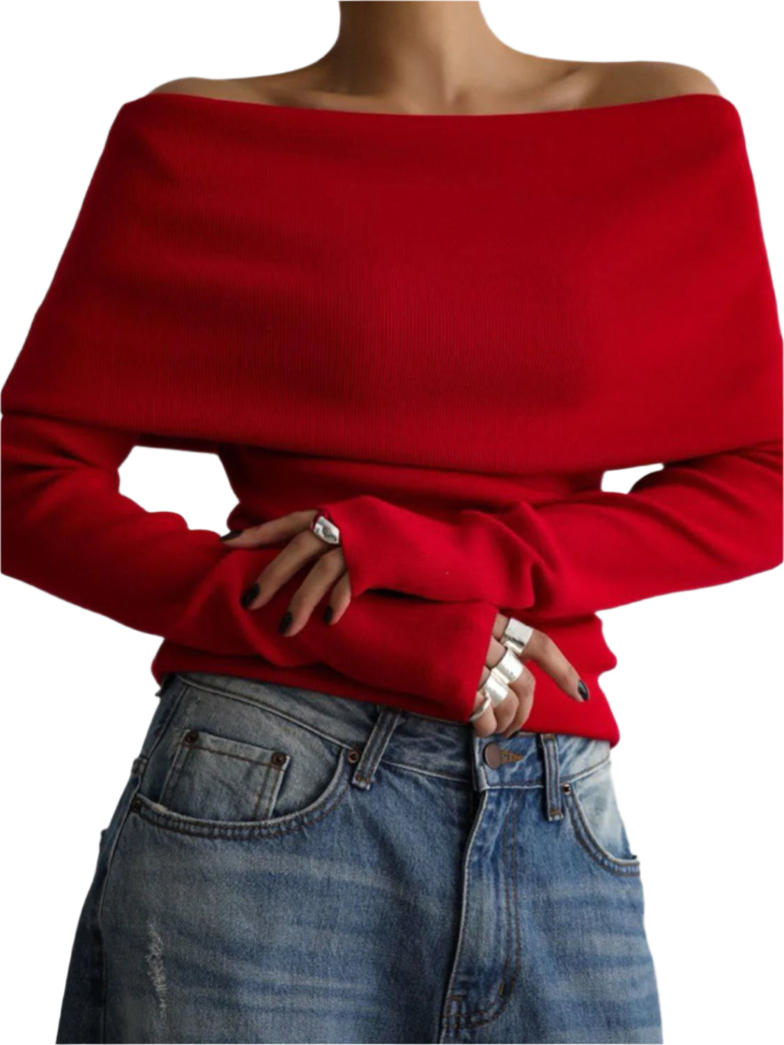 Off-Shoulder Long Sleeve Knit Top