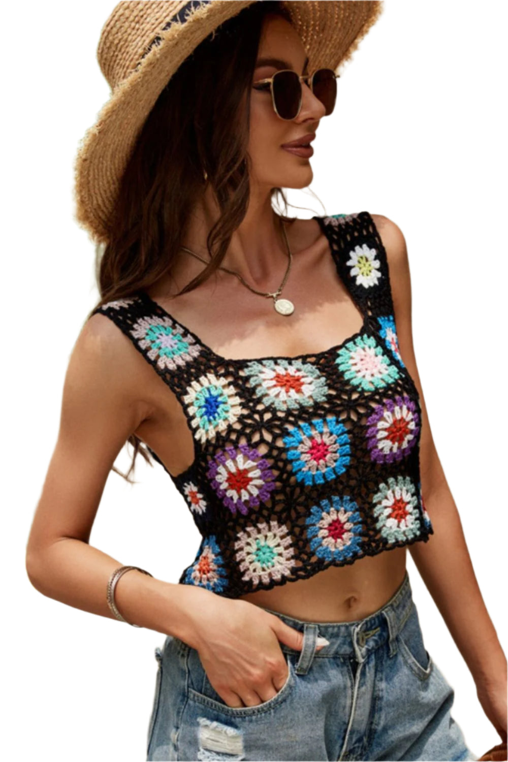 Geometric Square Neck Wide Strap Sweater Vest