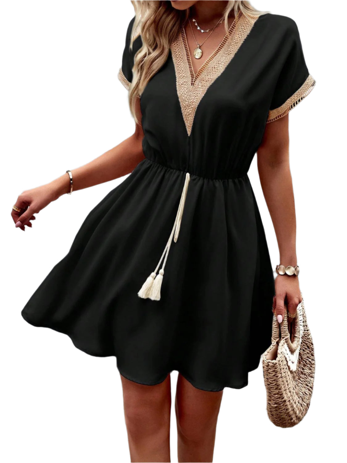 Devine Contrast Trim V-Neck Short Sleeve Mini Dress