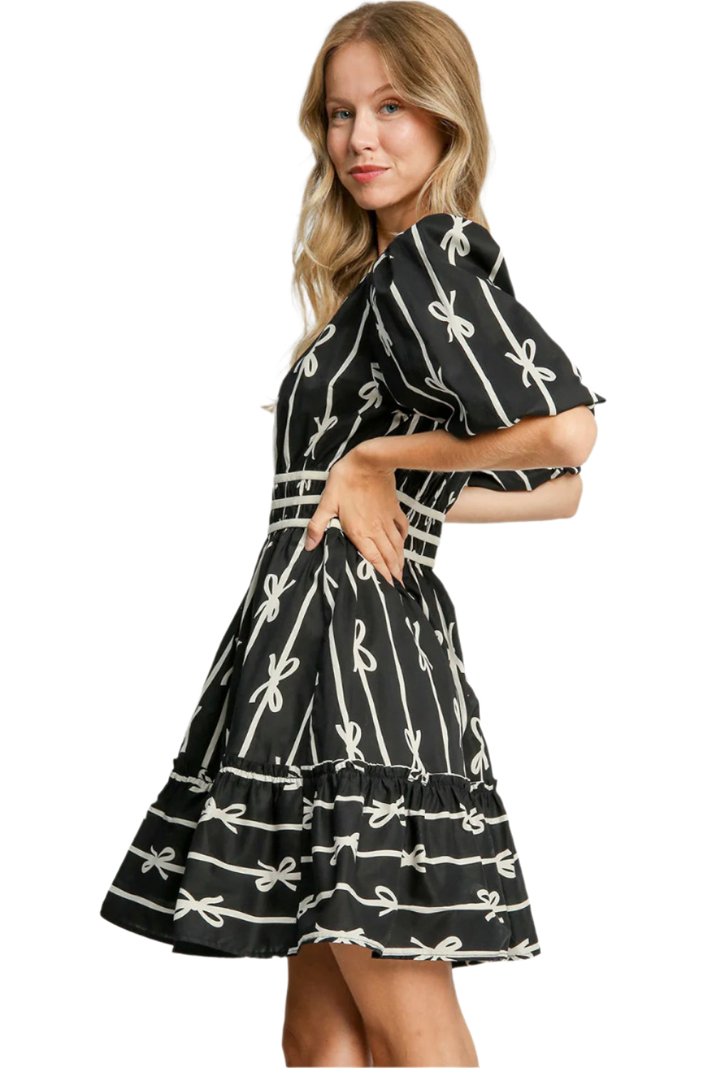 Umgee Ribbon Print Frill Contrast Velvet Trim Half Sleeve Dress