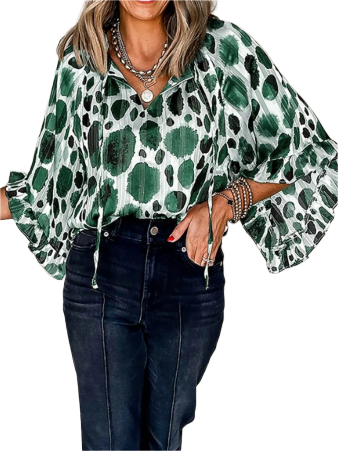 Printed Tie Neck Three-Quarter Sleeve Blouse