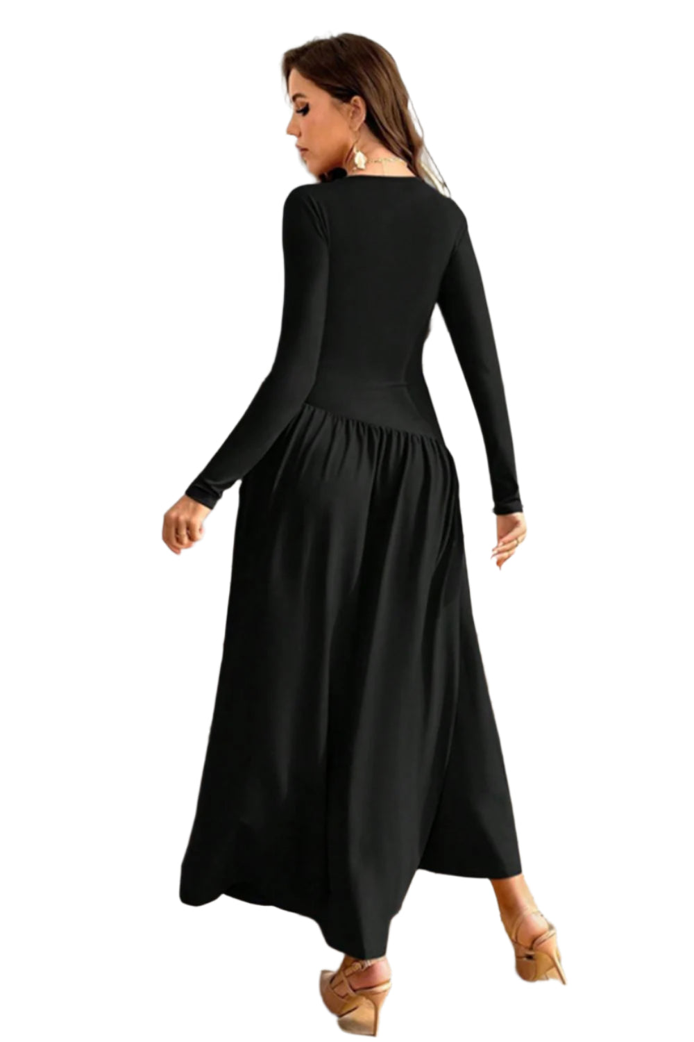 Ruched Round Neck Long Sleeve Dress